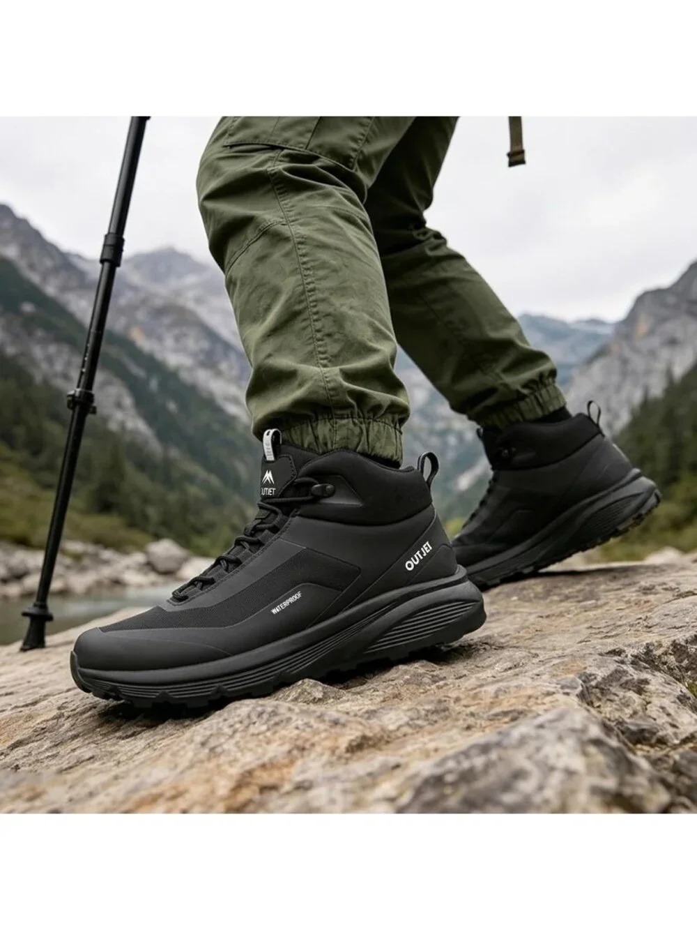 Men's Black Waterproof Shoes Casual Solid Mid Top Cap Toe Non Slip Hiking Boots